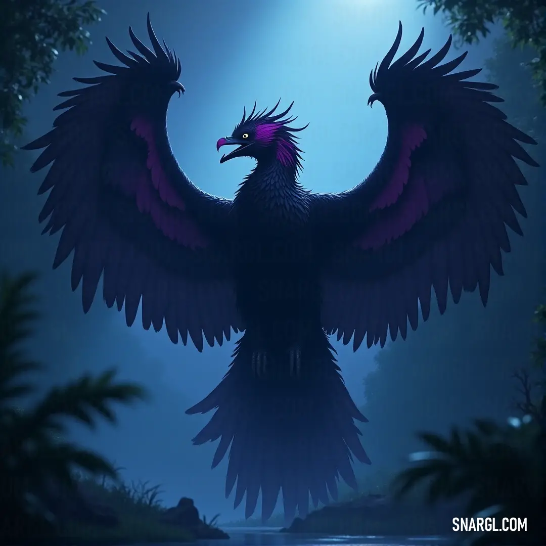 A Thunderwind with a vibrant purple beak and spread wings soars through the night sky. The full moon shines brightly in the background, casting an ethereal light over the bird as it glides through the calm darkness.
