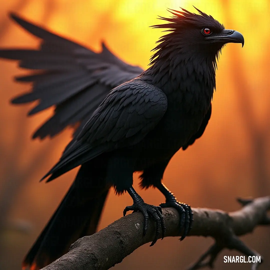 A black Thunderwing, eyes glowing red, stands perched on a branch in the moonlit night. Its wings are spread wide, ready to take flight into the dark sky, creating an aura of mystery.