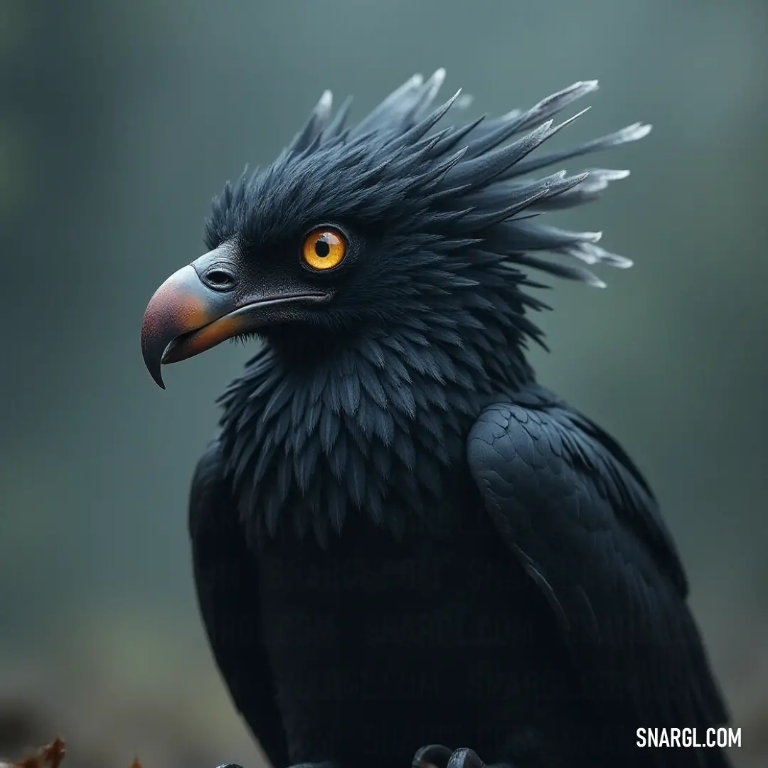 A powerful Black Thunderwing, marked by fierce yellow eyes, stands dominantly on a rocky hill as a shroud of fog envelops the landscape, enhancing its fierce and magnificent presence. A striking Black Thunderwing with sharp yellow eyes stands vigilantly atop a rocky hill, its jet-black body accentuated by the mystical aura of a foggy sky, creating an atmosphere of mystery and power.