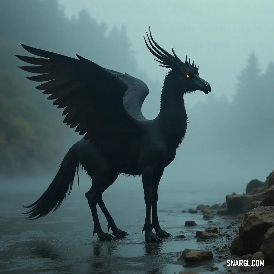 A striking Black Thunderwing with outstretched wings commands attention, poised on a rocky shore amidst a foggy visage that adds to its fierce beauty. A powerful Black Thunderwing, wings open wide, stands boldly on a rugged shoreline enveloped by mysterious fog, as the waves crash in the background, enhancing the dramatic ambiance of the scene.