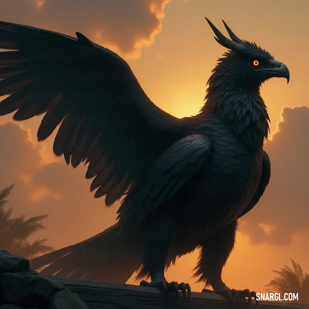 Beneath a brilliant sunset sky, Thunderwrath unfolds its magnificent wings, glowing with ethereal light, as palm trees sway gently in the warm evening breeze. A scene of serene majesty unfolds, blending nature's beauty with alluring mystery.
