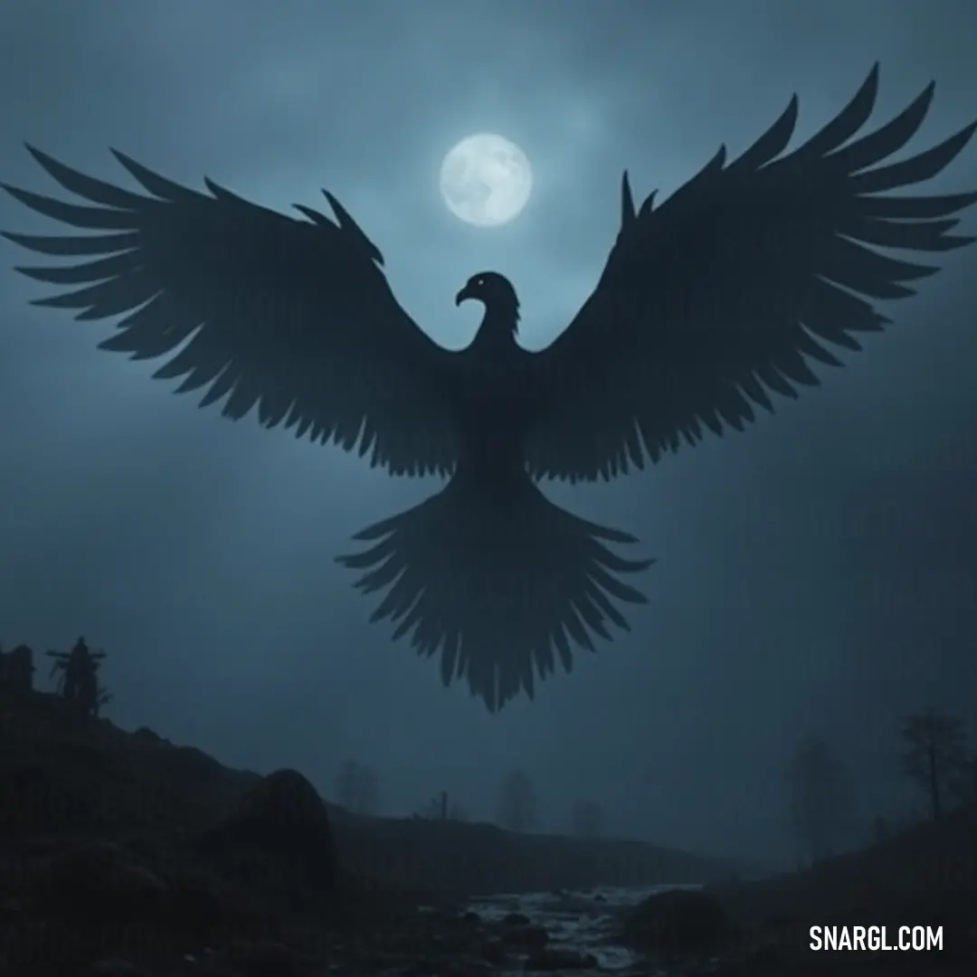 A grand Thunderwrath flies through a fog-covered sky over a river and forest, with the full moon casting a magical light on the scene. A massive Thunderwrath soars through a foggy night sky, flying over a winding river and dense forest beneath a full moon. Its powerful wings cut through the mist, creating a mystical and awe-inspiring image.