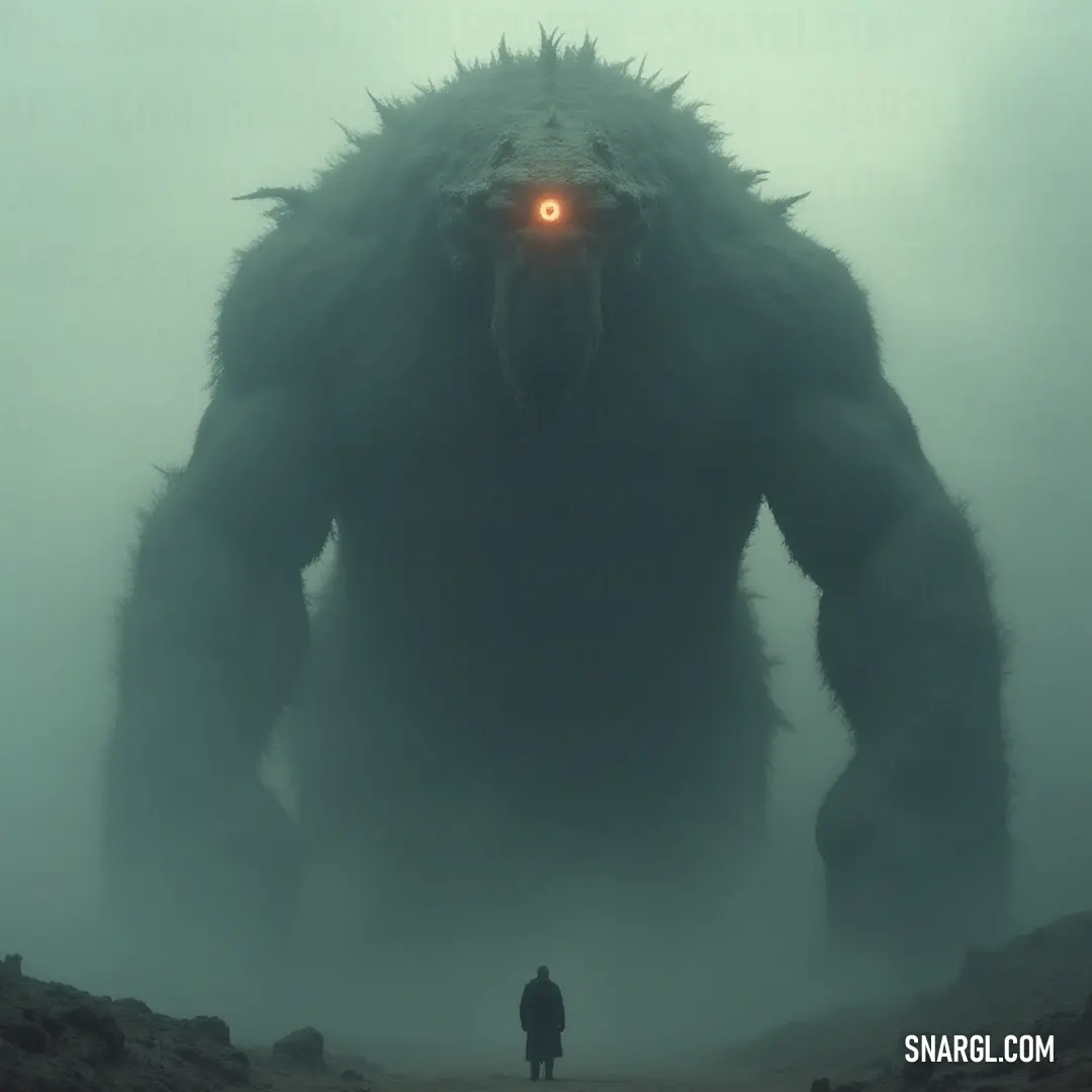 A giant monster with radiant eyes looms in a fog-shrouded setting, accompanied by a Giant Thyestes, both figures creating an atmosphere of mythical enchantment. A colossal creature with glowing eyes stands ominously amidst the fog, with a Giant Thyestes beside it, their presence casting a surreal aura over the mystical landscape.