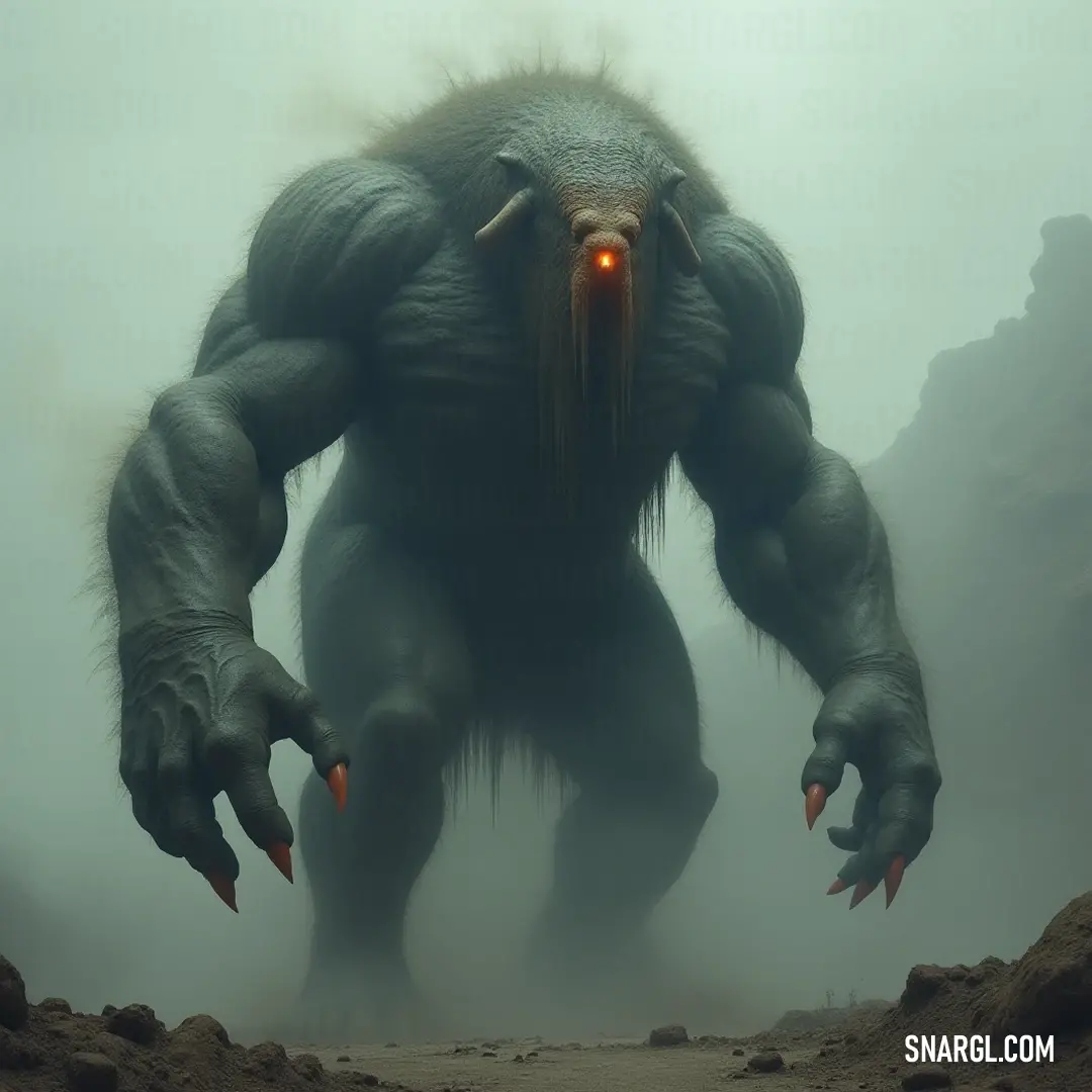 Giant Thyestes with radiant eyes standing in a foggy landscape, characterized by uneven rocks and an air of mystery that envelops its figure. A striking Giant Thyestes with glowing eyes navigates through a fog-laden terrain, its long nose accentuated by the eerie atmosphere, surrounded by rugged stones.