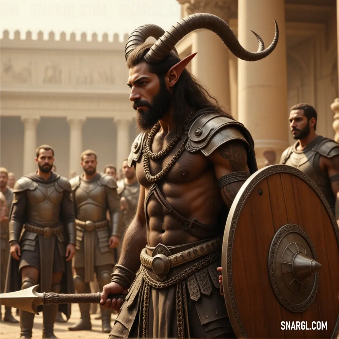 A band of armored warriors stands together, their strength symbolized by the horned monument behind them. A group of armored men stands resolute in front of a grand building, its large horned sculpture looming in the background. Their presence exudes unity and strength.