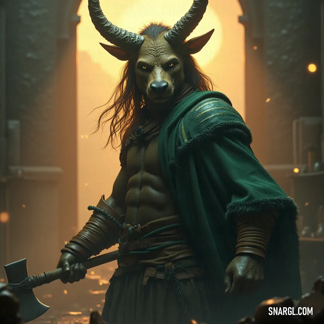 A horned warrior with a massive axe stands in a sunlit room, emanating a powerful presence as the warm rays of the sun bathe the space. A figure dressed in a horned costume grips a large, menacing axe, standing in a mysterious room with the glow of a setting sun shining through a nearby window. The atmosphere is heavy, charged with energy and anticipation.