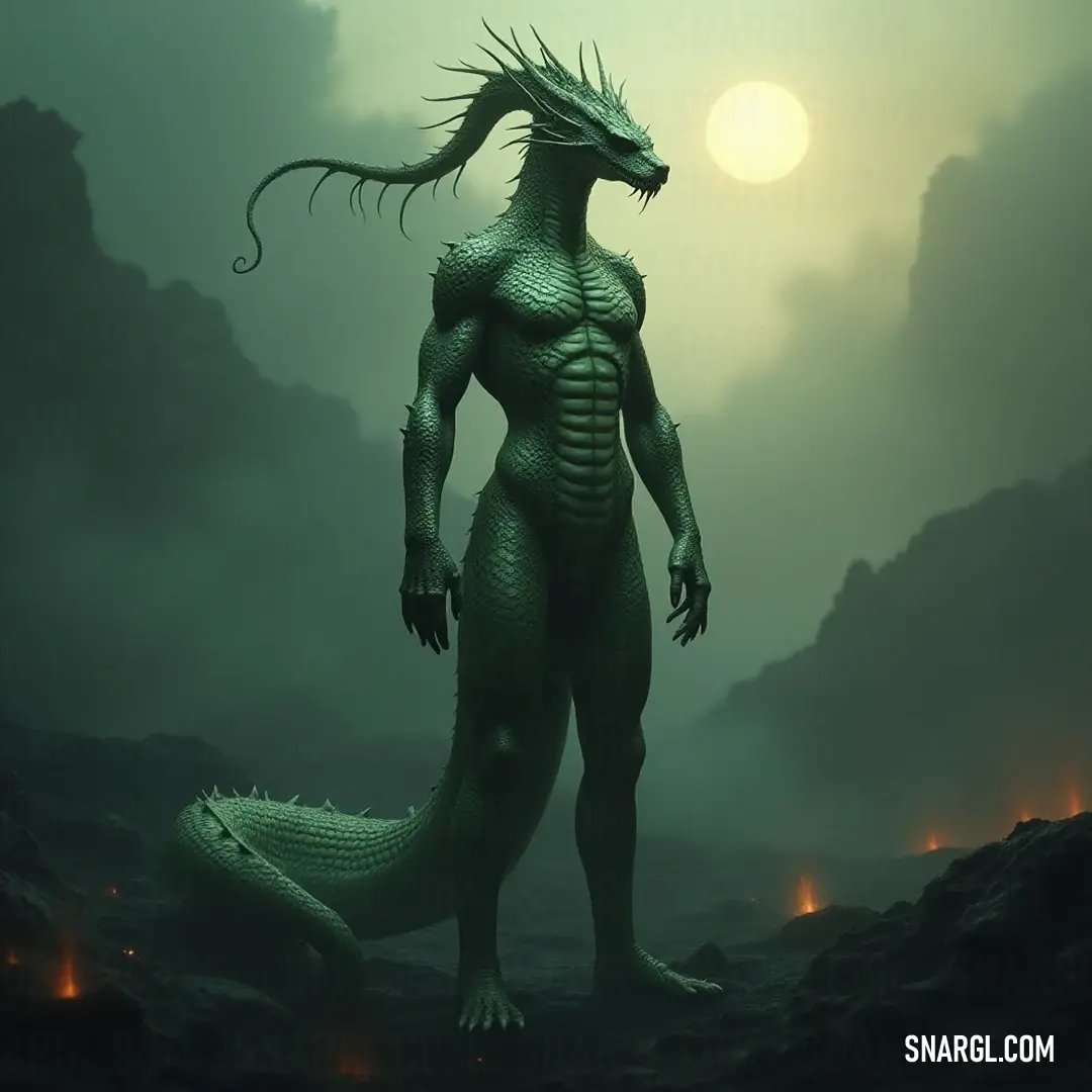 Thyra, adorned with a snake tail, emerges from a shadowy landscape, illuminated by the mystical full moon. Thyra, possessing an ethereal beauty, stands regal with a long, serpentine tail as a mysterious landscape unfolds behind her, illuminated by a striking full moon that casts an enchanting glow.