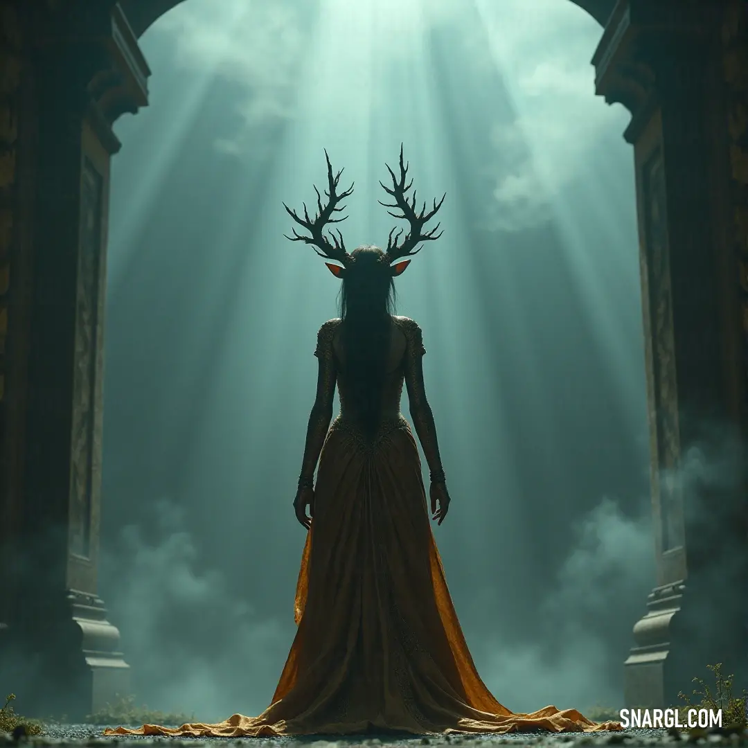 A woman in a flowing dress, adorned with deer antlers, gazes through a doorway as light filters in, casting a magical glow around her. A mystical figure wearing a delicate dress, her head crowned with deer antlers, stands before an open doorway. The warm, natural light pouring through creates a captivating contrast, emphasizing the ethereal atmosphere.