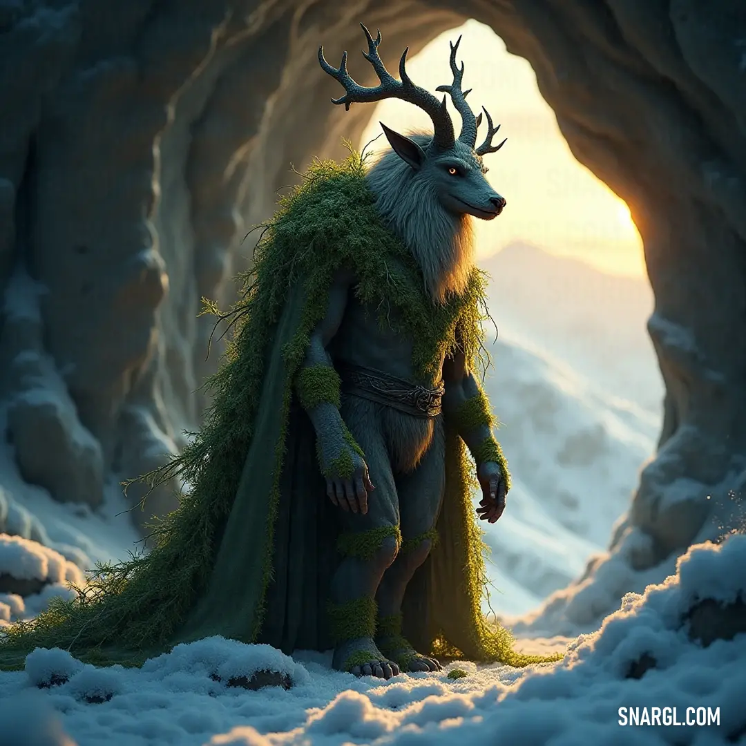 Thyrsilos elegantly attired as a deer, embodying nature's spirit within a captivating snowy cave setting, with a striking deer's head resting on his shoulders and a vibrant green cape. A whimsical figure, Thyrsilos, adorned in an elaborate deer's costume, stands poised within a serene, snow-covered cave, a majestic deer's head perched atop his shoulders, complemented by a flowing green cape that contrasts beautifully against the wintry