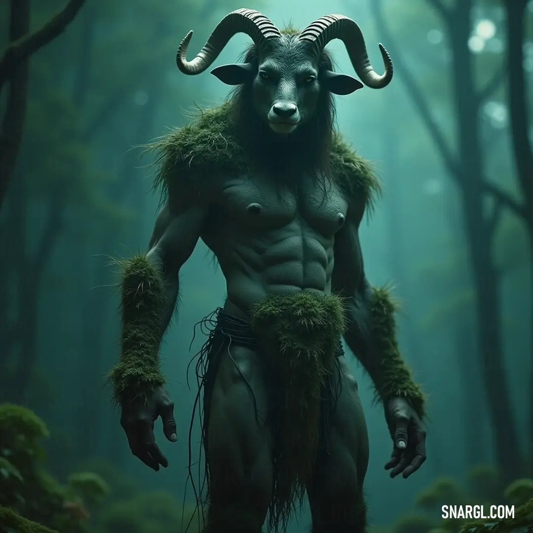 In a lush woodland setting, Thyrsus exudes confidence, crowned with horns and adorned with moss, a symbol of strength and belonging within nature's embrace. Thyrsus stands proudly in the woods, showcasing prominent horns and a full beard, as moss envelops his figure, with hands confidently resting on his hips, embodying the essence of the wilderness.