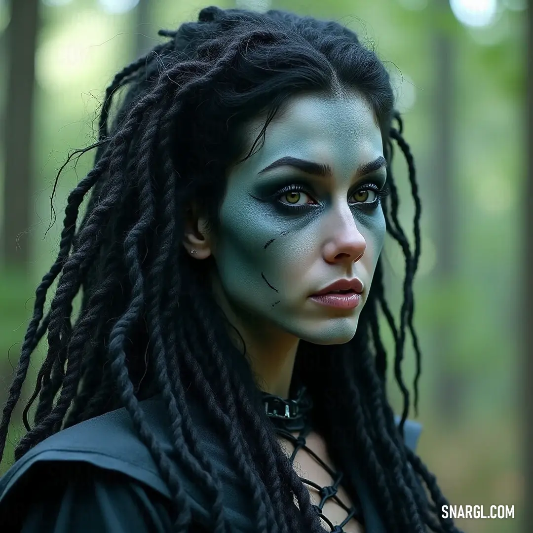 Surrounded by towering trees, a striking figure with vivid green makeup and cascading dreadlocks navigates the depths of the forest, where sunlight filters softly through the leaves, creating an ethereal, dreamlike scene filled with nature's allure.