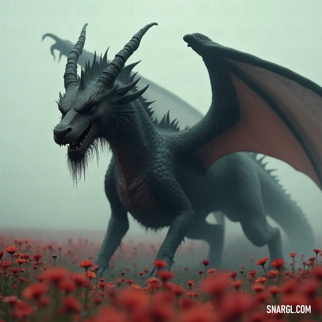 A colorful Tiamat with wings and horns stands amidst a flourishing field of red flowers, set against a dramatic gray sky. A vibrant Tiamat with majestic horns and wings graces a colorful flower field, its beauty highlighted by the contrast of red flowers against the gray sky.