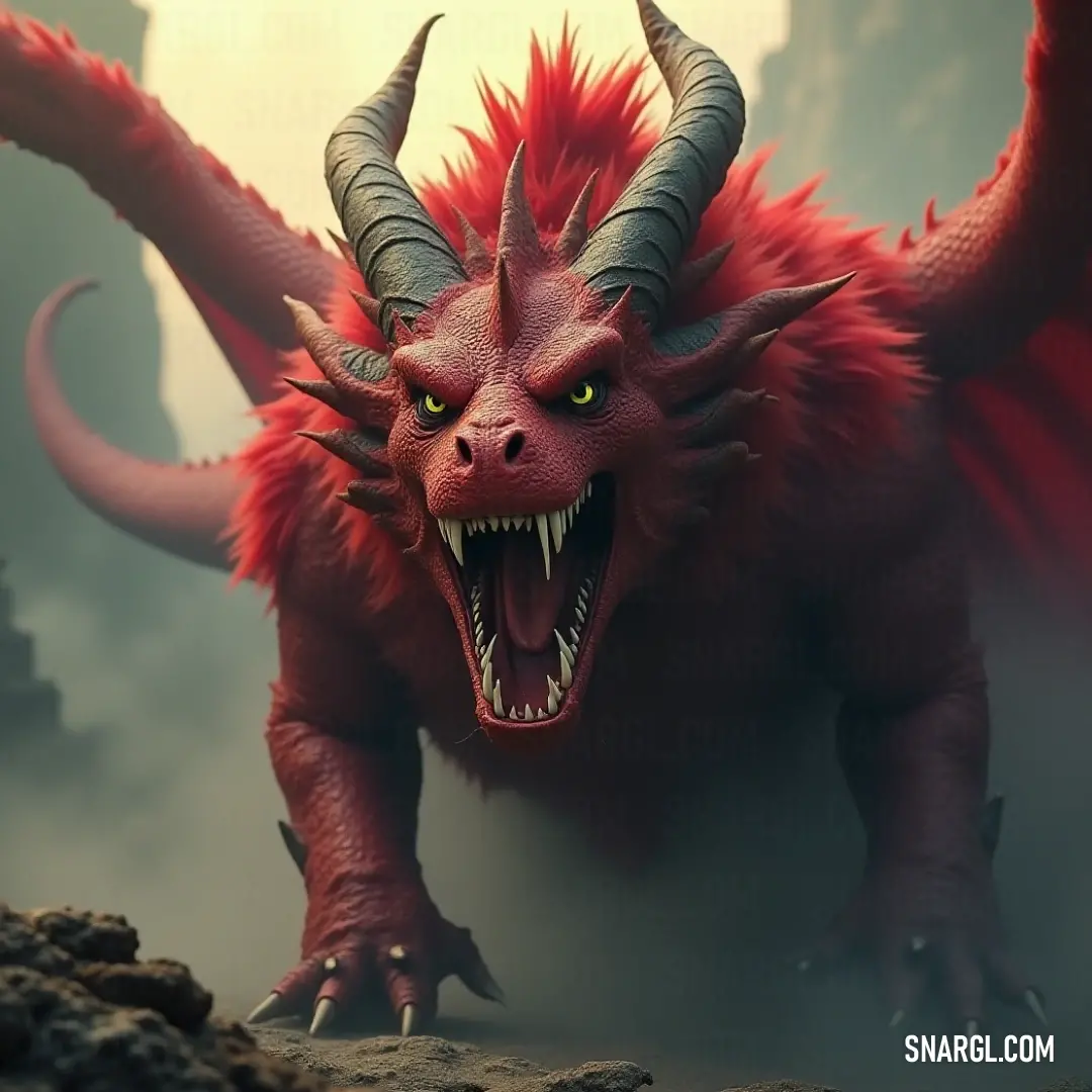 A powerful Red Tiamat emerges from the foggy sky, with horns and sharp teeth contrasting against a majestic mountain backdrop. In a chaotic sky filled with fog, a formidable red Tiamat, adorned with imposing horns and sharp teeth, stands defiantly against a distant mountain silhouette.