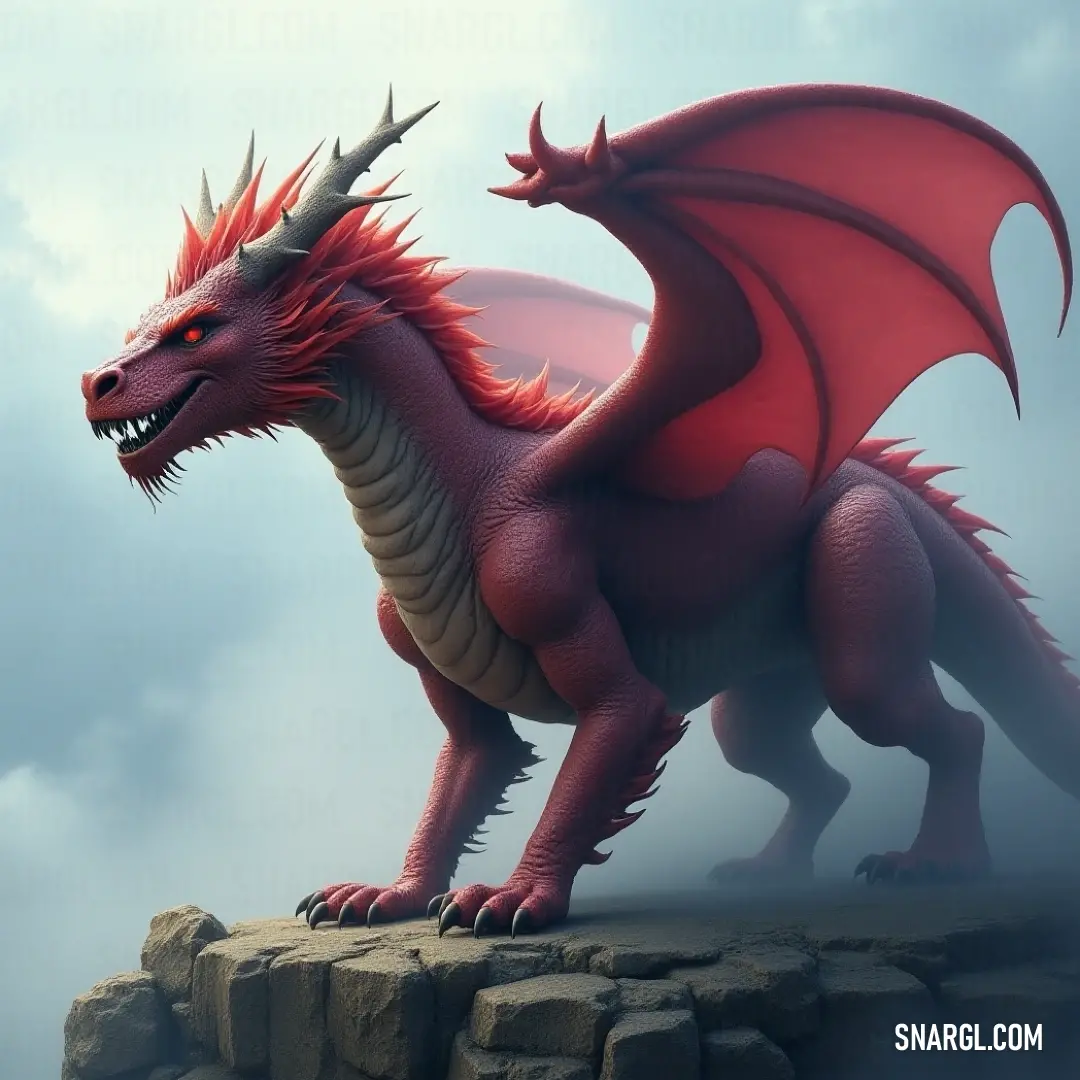 A striking Red Tiamat statue perches atop a rocky ledge, enshrouded by fog and clouds, creating an atmosphere of enchantment. A captivating red Tiamat statue overlooks a rocky ledge, its fierce features enhanced by the swirling fog and the celestial clouds enveloping it in mystery.