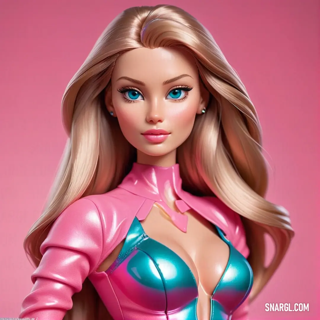 Doll with a pink jacket and blue eyes and a pink background