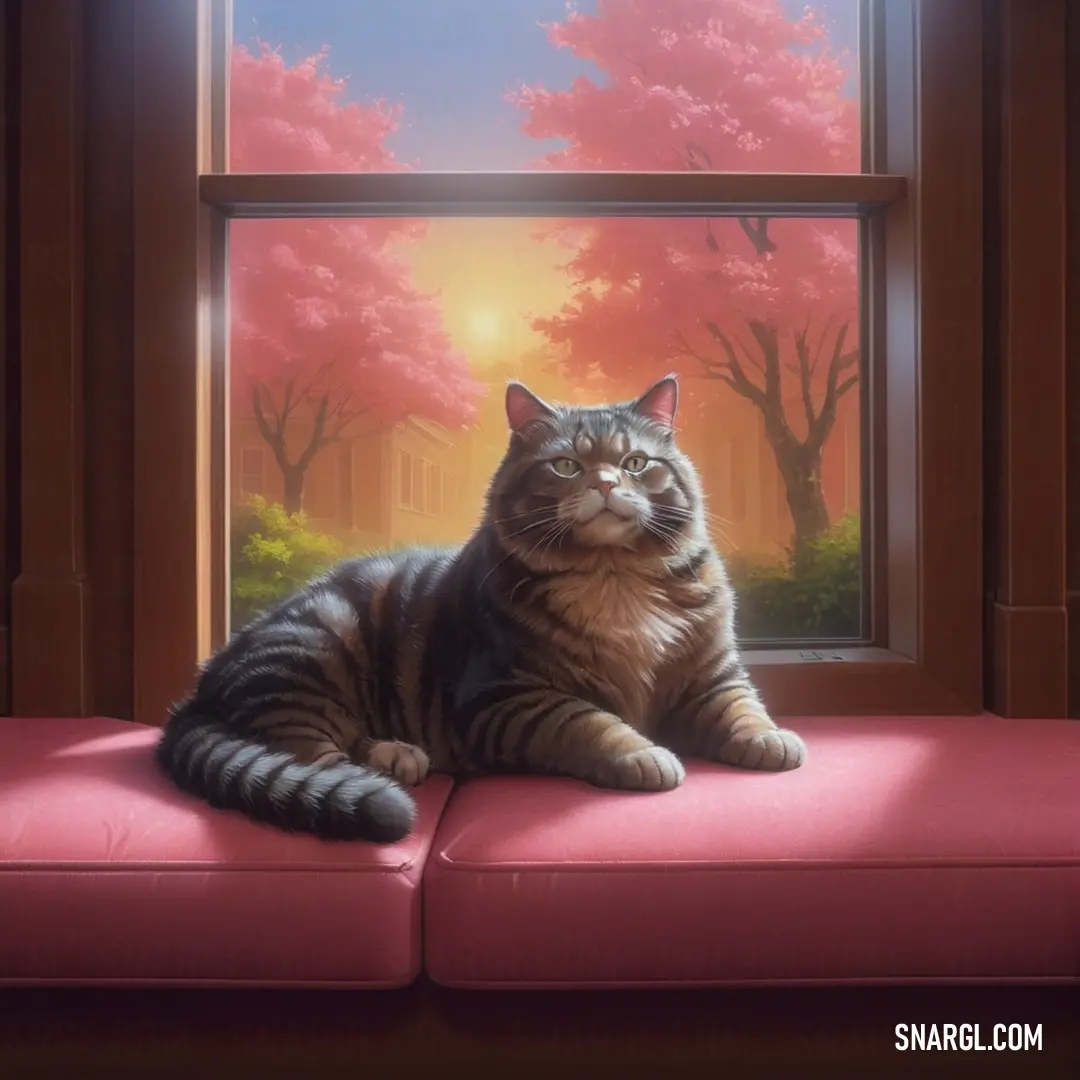 Cat on a red couch looking out a window at a pink tree filled with leaves. Color Tickle Me Pink.