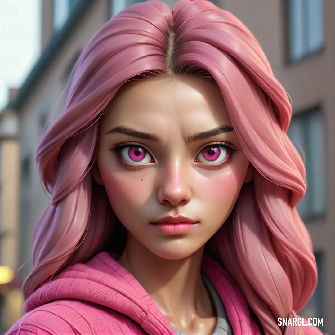 Close up of a doll with pink hair and pink eyes and a pink sweater on a city street. Example of Tickle Me Pink color.