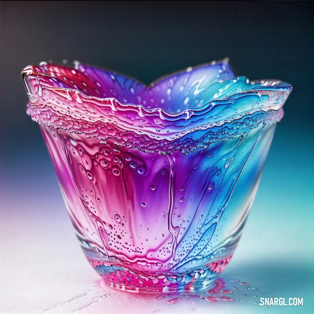 Glass bowl with water drops on it and a blue background with a pink and purple swirl in the center
