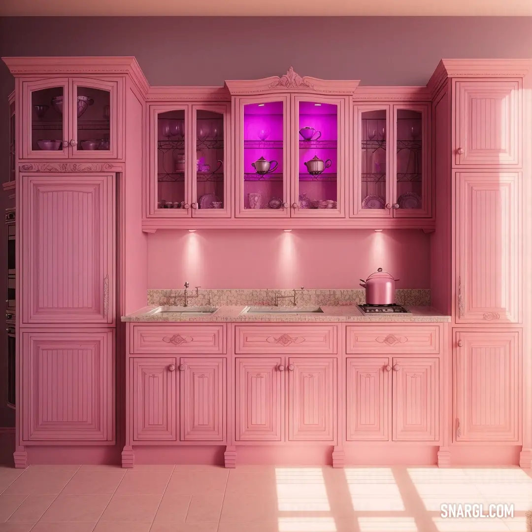 Kitchen with pink cabinets and a pink light on the wall above the sink