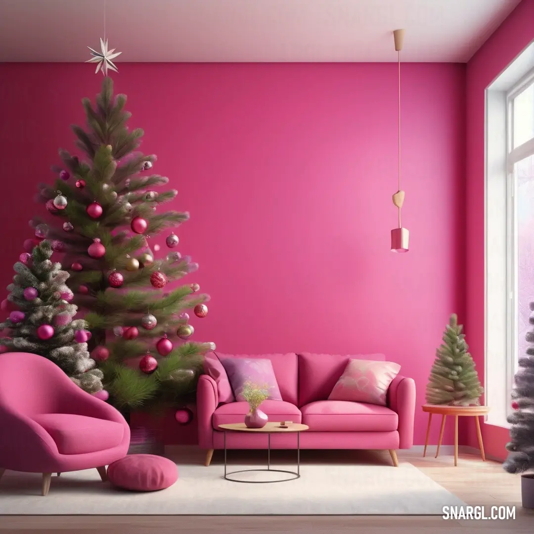 Living room with a pink christmas tree and pink couches and a pink wall with a window. Example of CMYK 0,46,32,1 color.