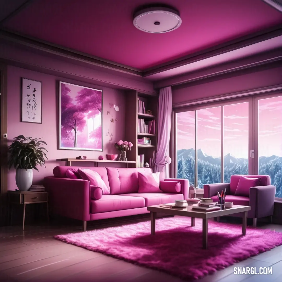 Tickle Me Pink color example: Living room with a pink couch and a pink rug on the floor and a painting on the wall