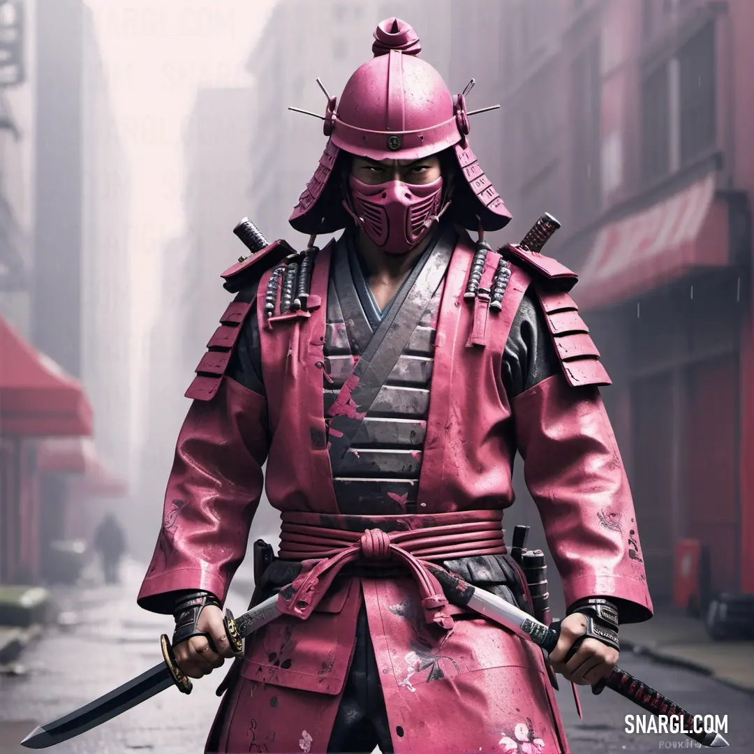 Man in a pink samurai suit holding two swords in a city street with buildings in the background and a red umbrella