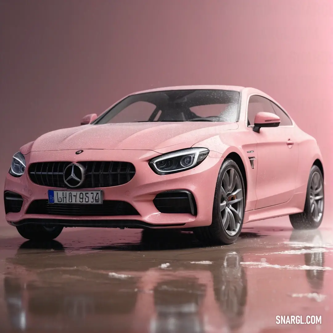 Pink car is parked in a pink room with a pink wall behind it. Color #FC89AC.