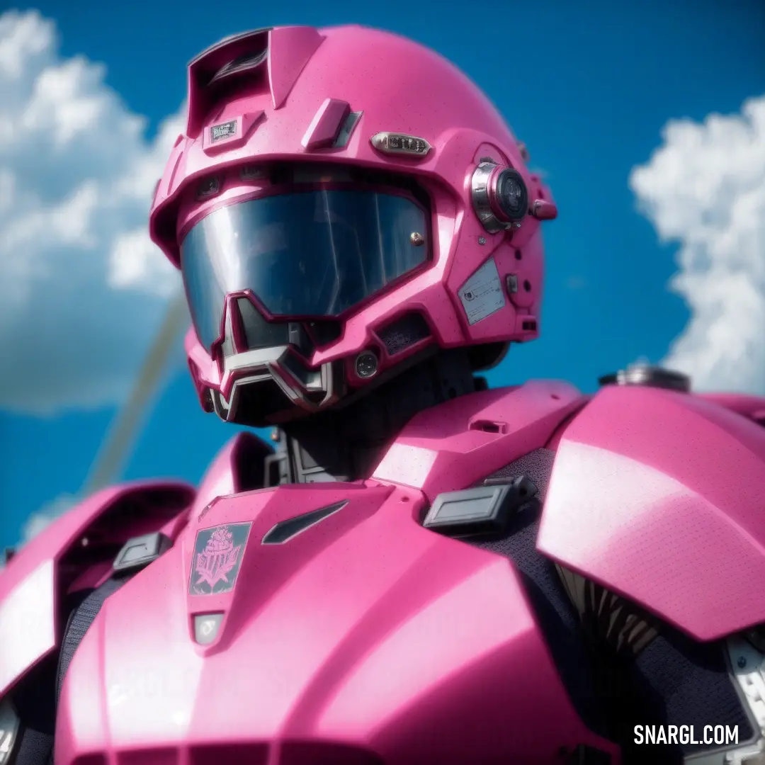 Pink robot suit with a helmet on it's head and a sky background