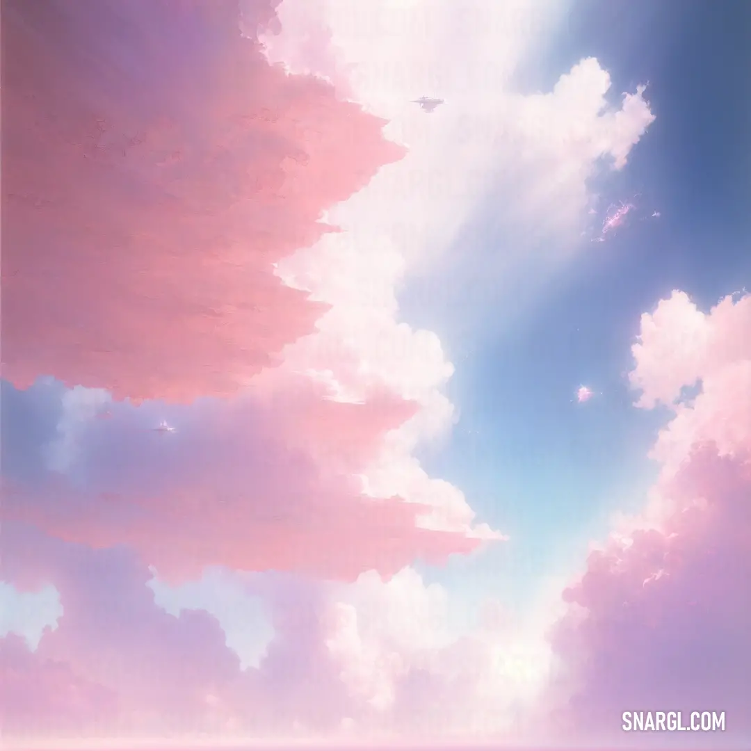 Pink sky with clouds and a plane flying in the sky above it and a blue sky with clouds