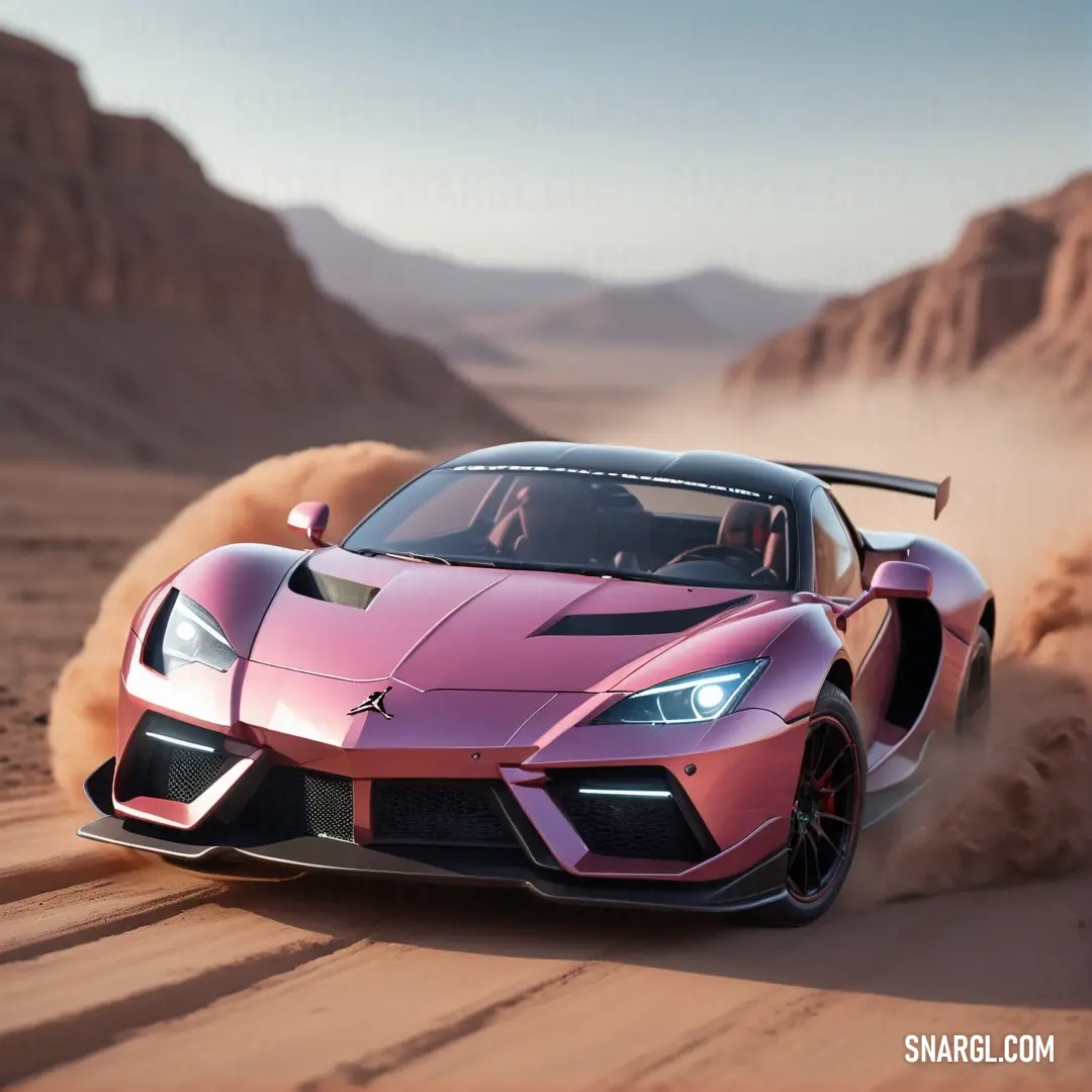Pink sports car driving through a desert landscape with dust coming from the tires and the hoods of the car. Example of RGB 252,137,172 color.