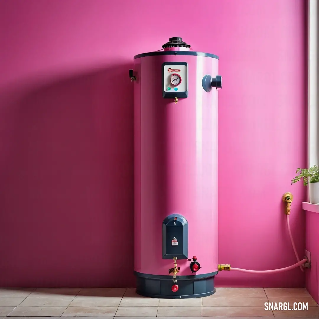 Tickle Me Pink color. Pink tank is in a pink room with a pink wall and a pink door with a white handle