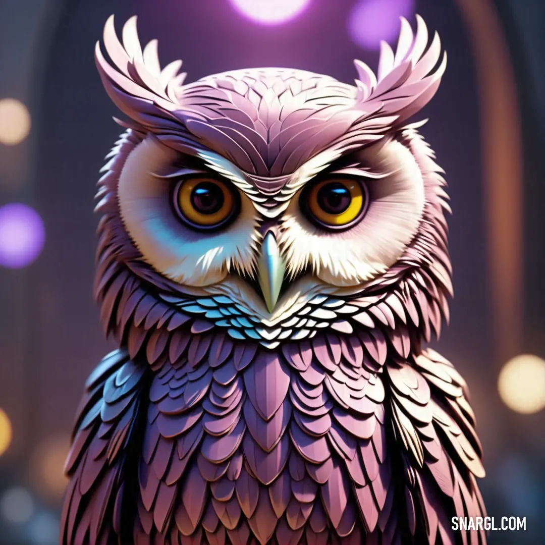 Purple owl with yellow eyes on a table with a purple background and a purple light behind it. Example of Tickle Me Pink color.