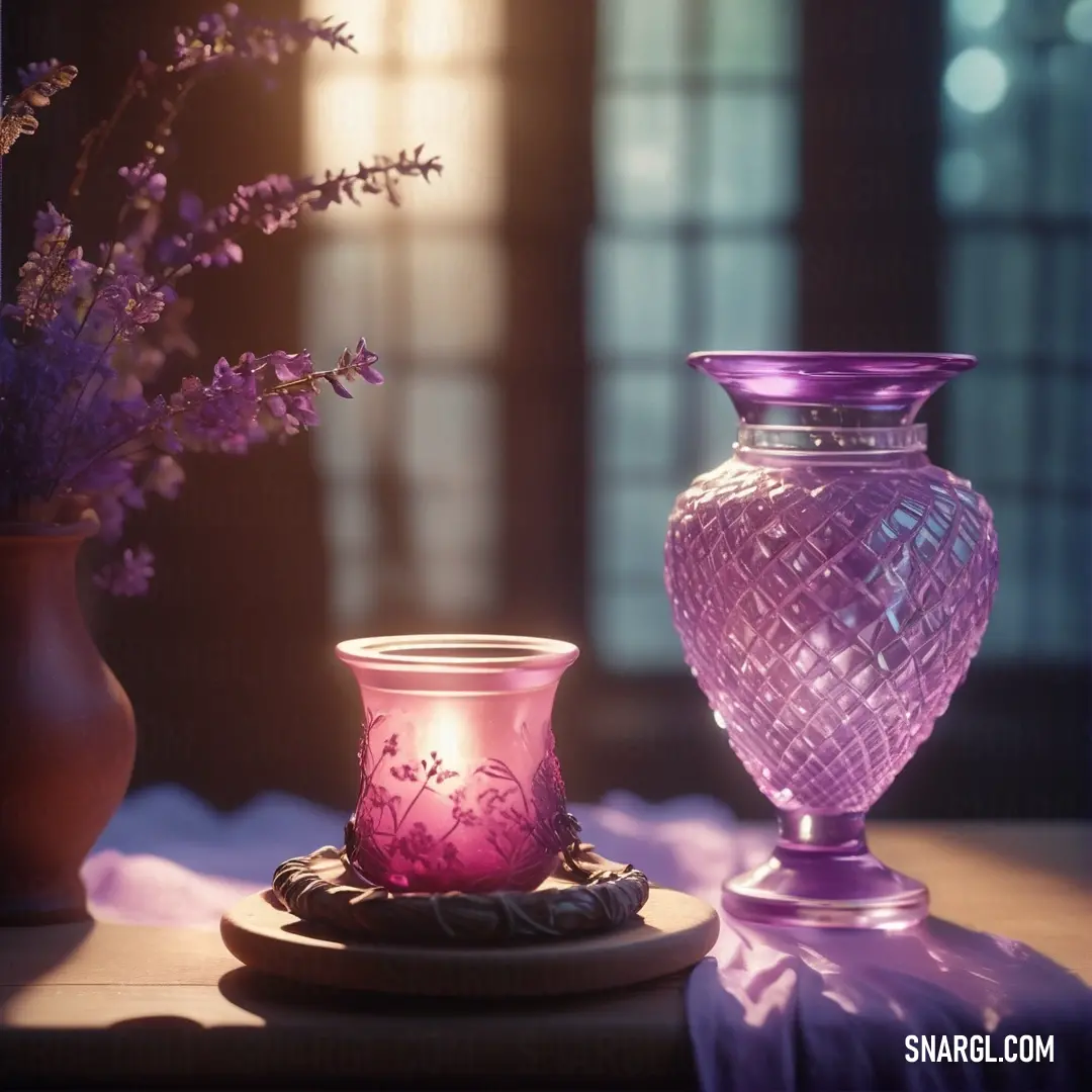 Purple vase and a pink candle on a table with a purple cloth on it and a purple vase. Color #FC89AC.