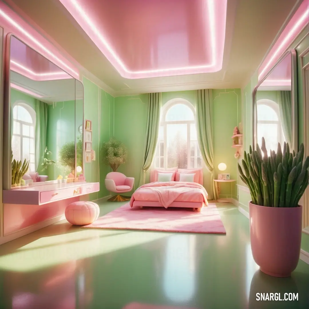 Bedroom with a pink bed and a green wall and a pink rug. Example of #FC89AC color.