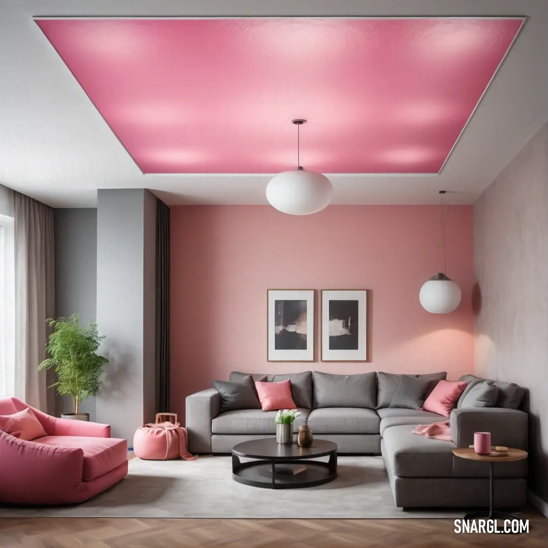 Living room with a pink ceiling and a gray couch and chair and a coffee table. Color Tickle Me Pink.