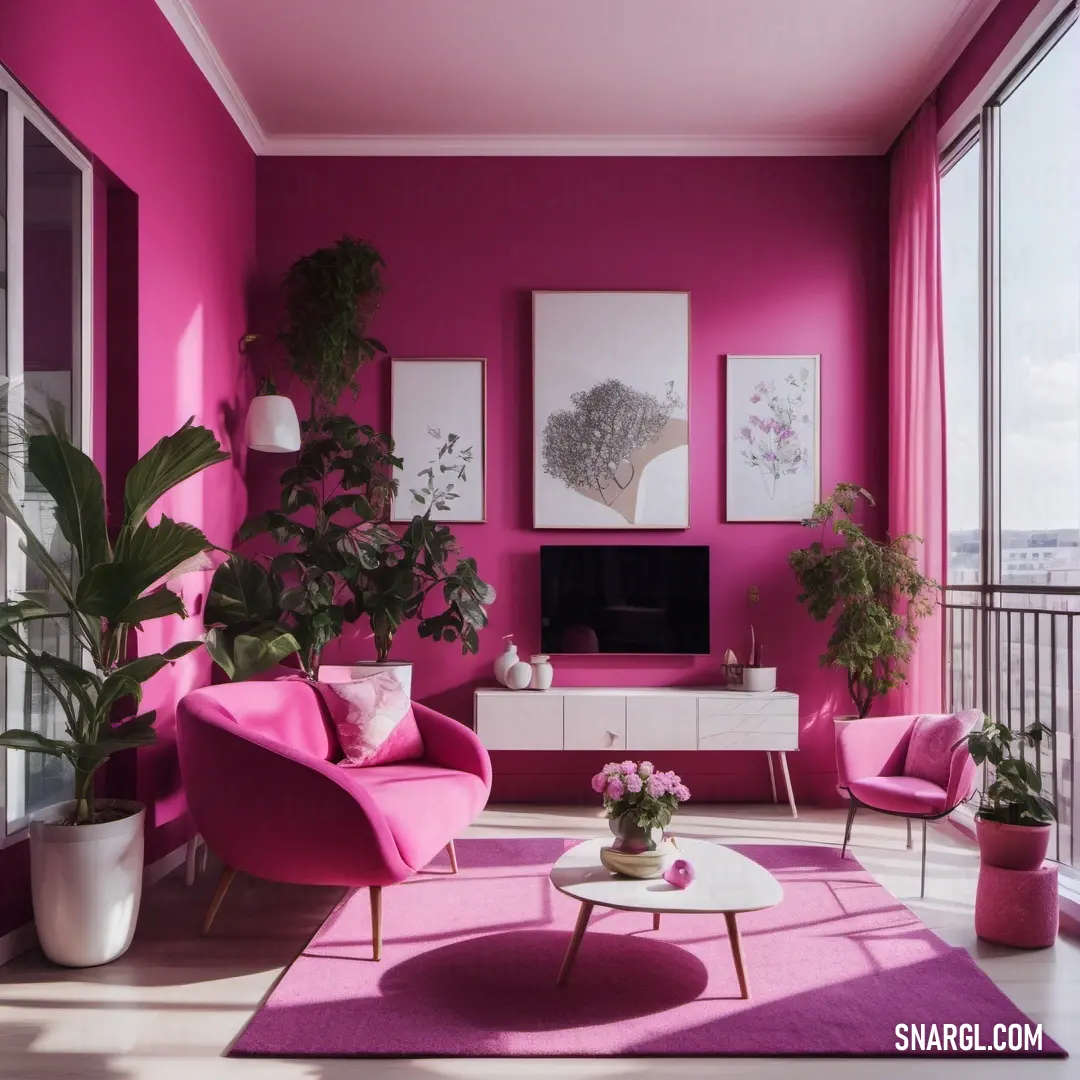 Living room with pink walls and furniture and a large window with a view of the city outside the window. Example of RGB 252,137,172 color.