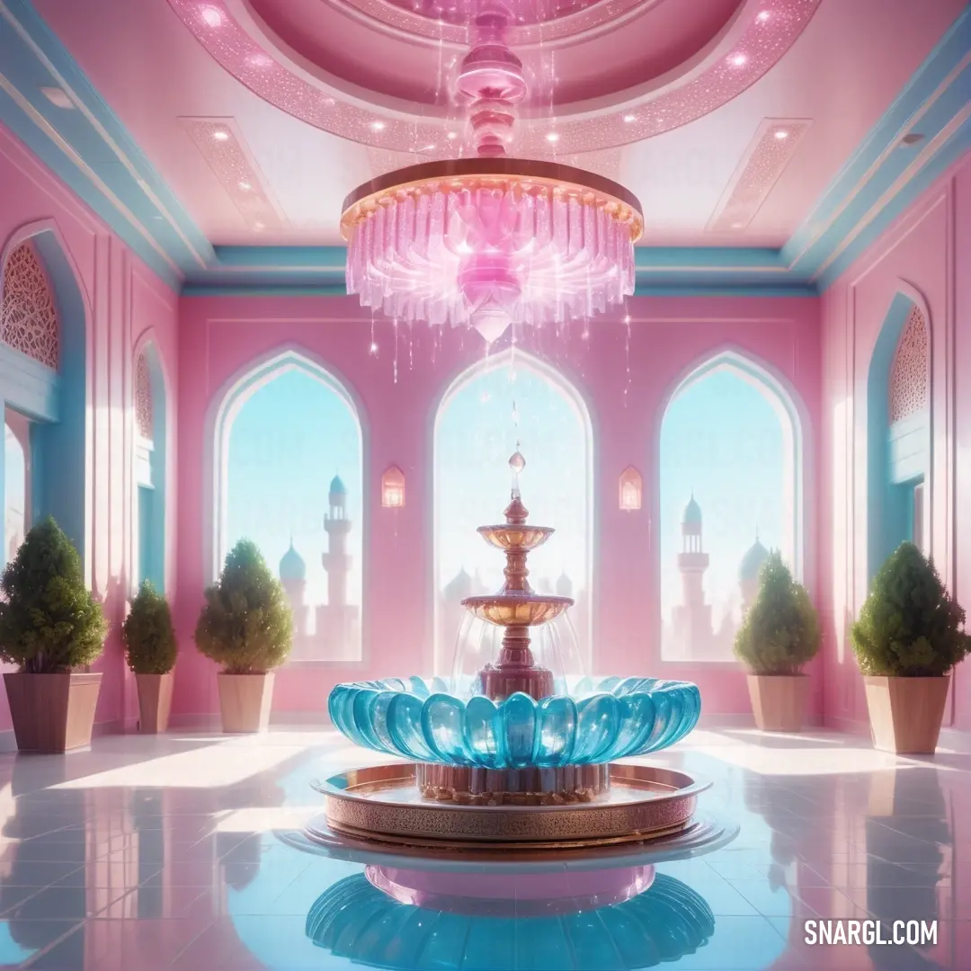 Pink room with a fountain and potted plants in it and a chandelier hanging from the ceiling. Example of #FC89AC color.