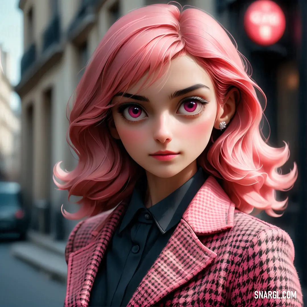 Woman with pink hair and a pink suit on a city street with a red traffic light in the background. Example of RGB 252,137,172 color.