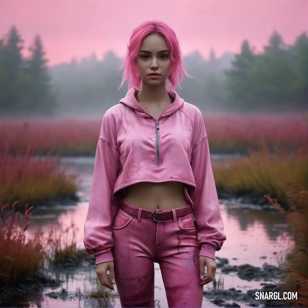 Woman with pink hair standing in a marshy area. Example of Tickle Me Pink color.