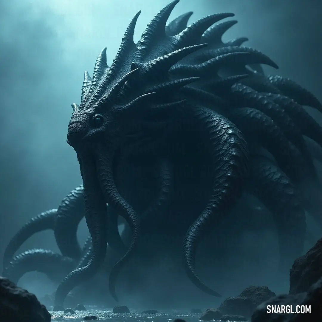 A colossal Tidal Kraken emerges from the deep, its immense tentacles gracefully navigating the turbulent waters amidst rugged rocks. A colossal Tidal Kraken rises from the depths, its massive tentacles undulating through the water, surrounded by rocky formations, embodying the primal forces of nature and oceanic power.