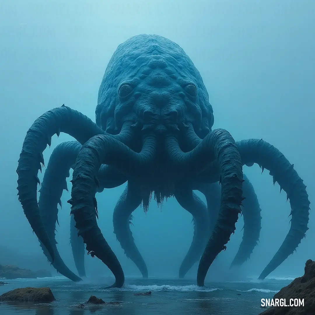 The formidable Tidal Kraken stands prominently in the water, its tentacles spread wide, while its captivating head, adorned with intricate patterns, draws attention to the creature's fierce majesty.