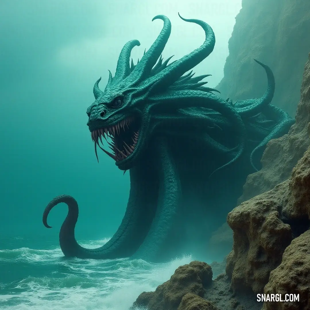 Stunning Giant Tidal Kraken swimming powerfully in the ocean, its mouth agape, emerging from the depths with an awe-inspiring presence that captivates all who witness its grandeur. A majestic Giant Tidal Kraken emerges from the ocean, its mouth wide open, displaying an awe-inspiring sight as its head rises out of the water, surrounded by the endless ocean waves and the mysteries of the deep sea.