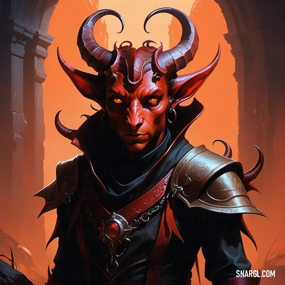 Tiefling with horns and a helmet on standing in a cave with a red light behind him and a red light behind him
