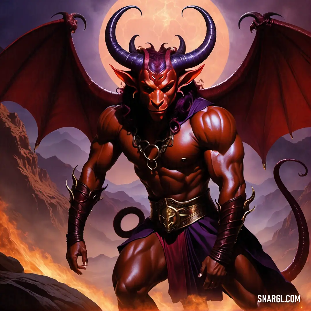 Tiefling with horns and a Tiefling like body is standing in front of a full moon and mountains with a red demon