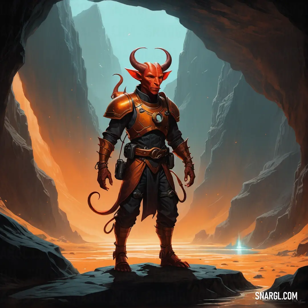 Tiefling with horns and a horned head standing in a cave with a bright light in the background