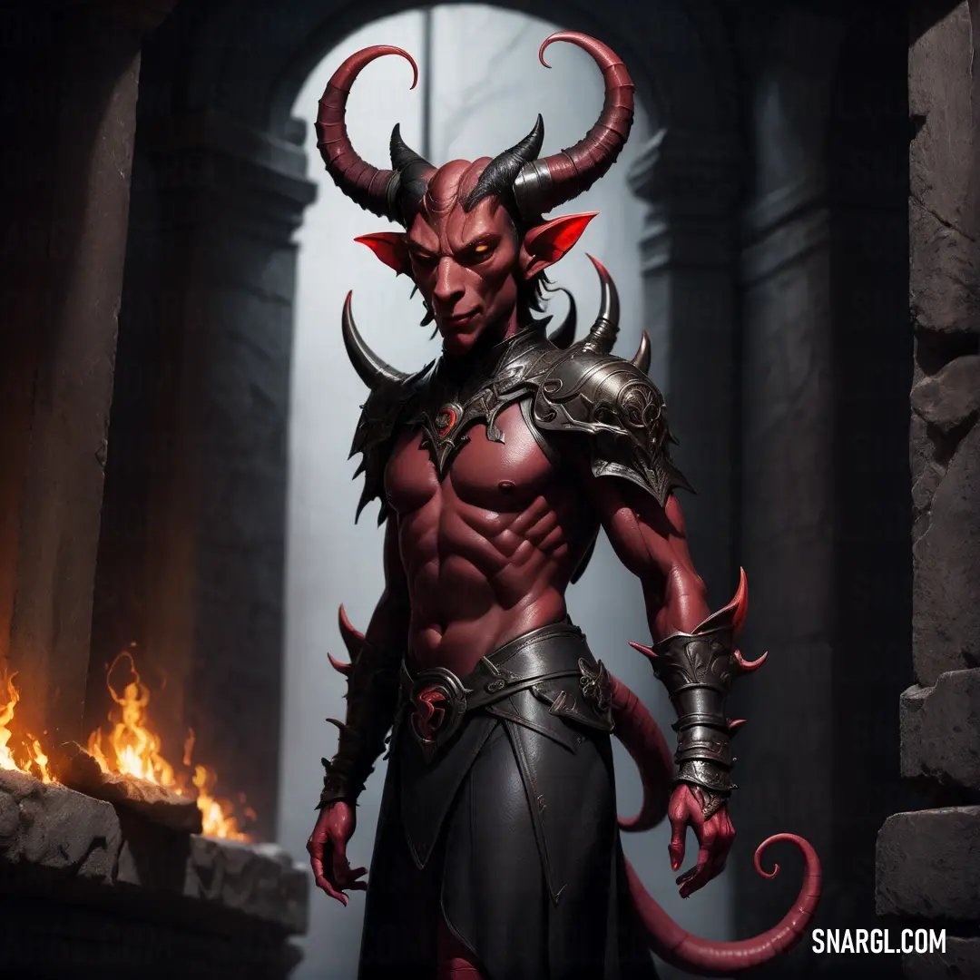 Demonic Tiefling with horns and horns standing in a doorway with flames in the background