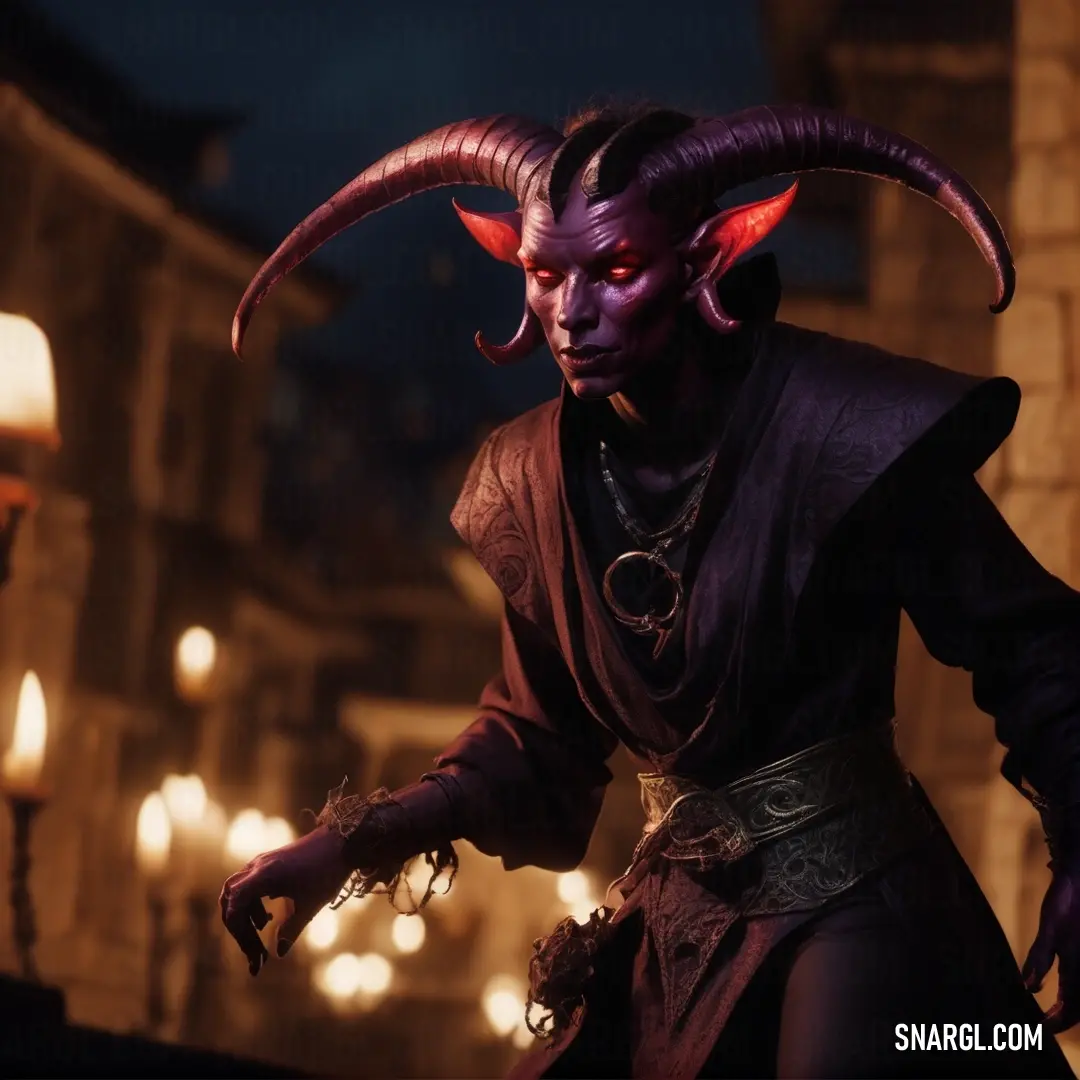 Male Tiefling with horns and a black outfit and a red nose and horns on his head and a black outfit with a red collar and a black shirt