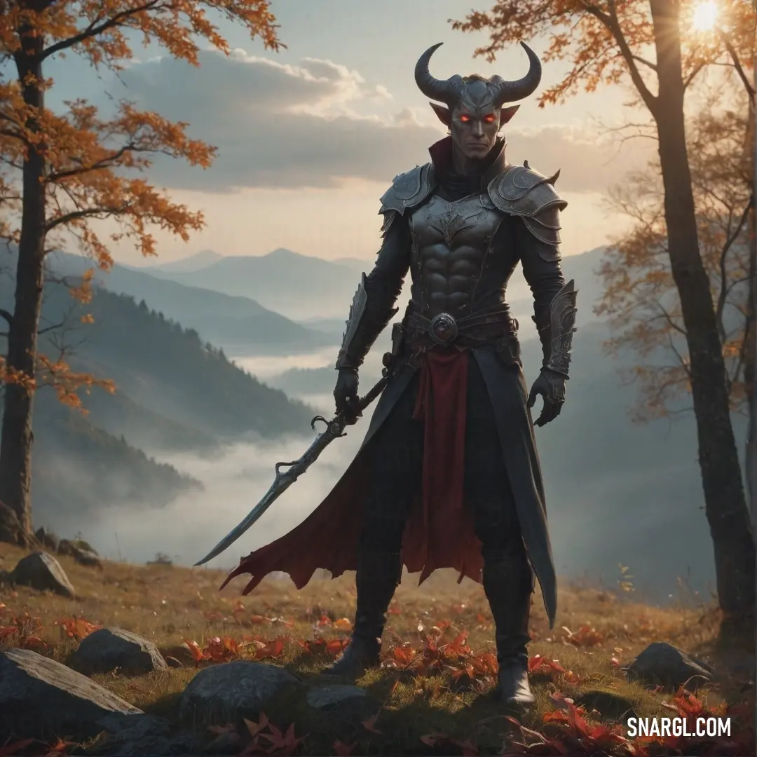 Man dressed in a horned costume standing in a forest with a sword in his hand and a Tiefling mask on his head