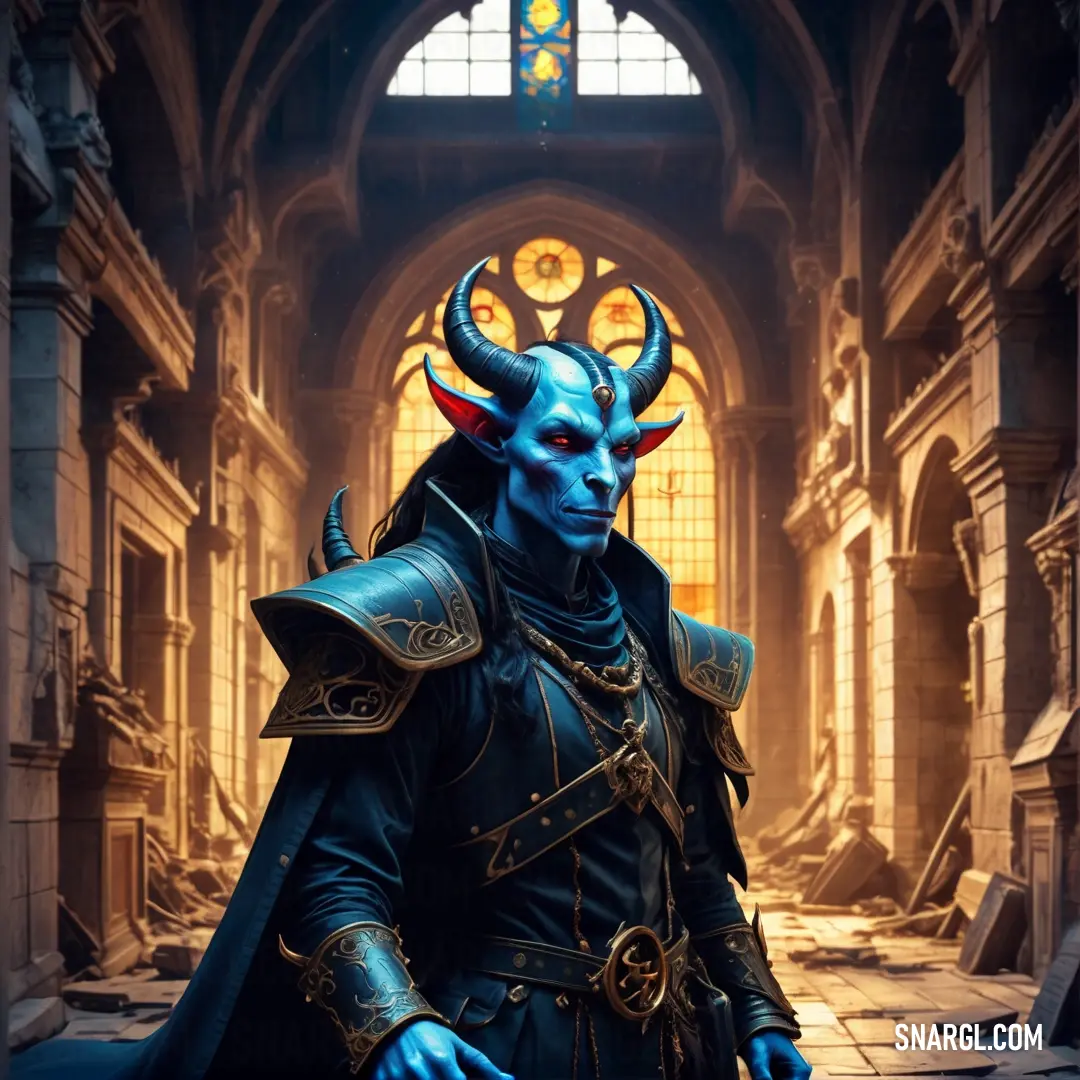 Tiefling dressed in blue and black with horns and horns on his head
