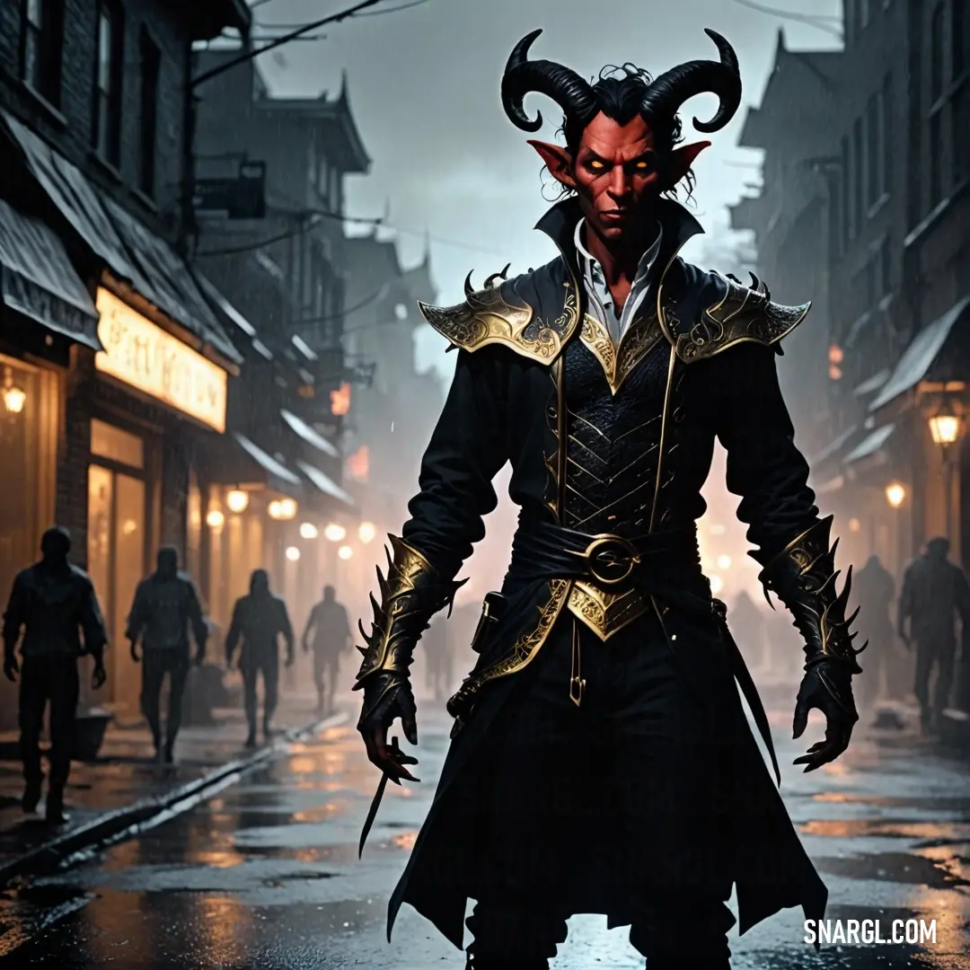 Tiefling in a costume is walking down a street in a town at night with people walking by